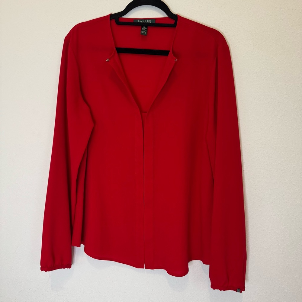 Lauren Ralph Lauren Red Long Sleeve Career Casual Blouse V neck Womens XL